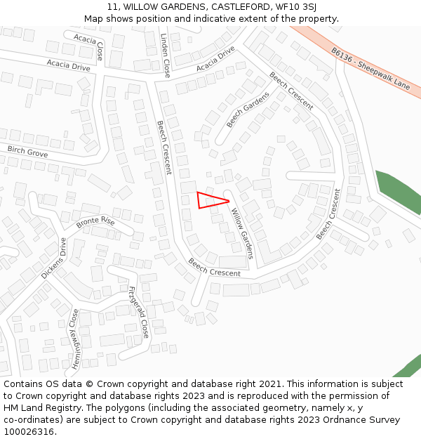 11, WILLOW GARDENS, CASTLEFORD, WF10 3SJ: Location map and indicative extent of plot