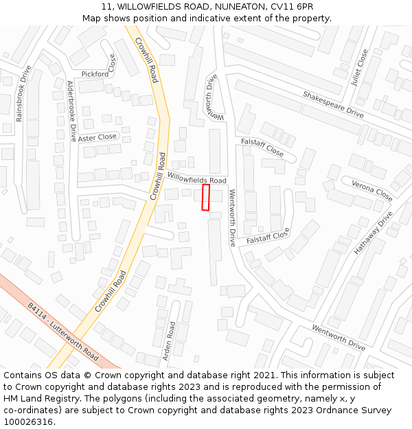 11, WILLOWFIELDS ROAD, NUNEATON, CV11 6PR: Location map and indicative extent of plot