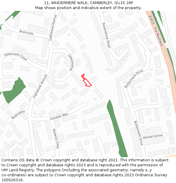 11, WINDERMERE WALK, CAMBERLEY, GU15 1RP: Location map and indicative extent of plot