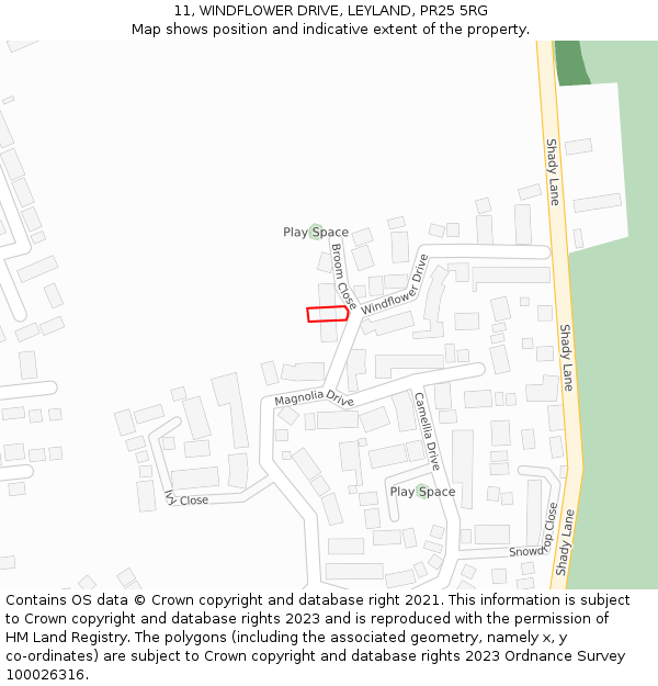 11, WINDFLOWER DRIVE, LEYLAND, PR25 5RG: Location map and indicative extent of plot