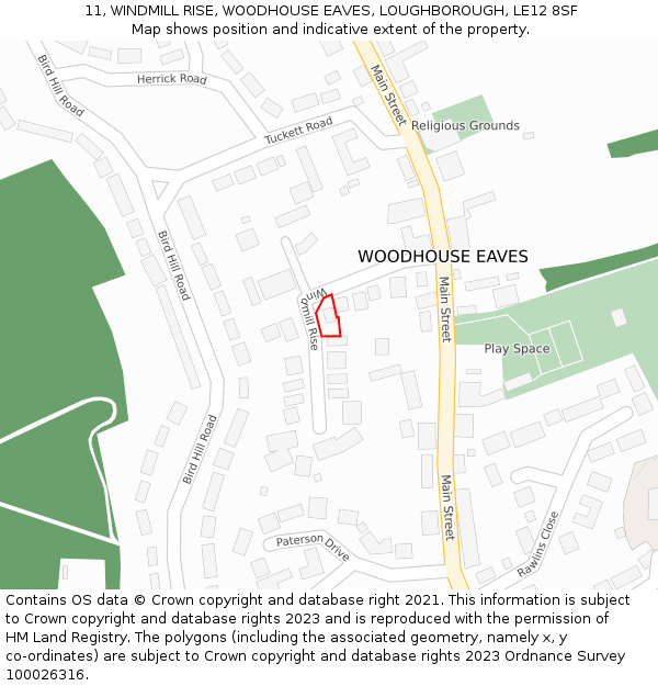 11, WINDMILL RISE, WOODHOUSE EAVES, LOUGHBOROUGH, LE12 8SF: Location map and indicative extent of plot