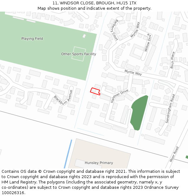 11, WINDSOR CLOSE, BROUGH, HU15 1TX: Location map and indicative extent of plot