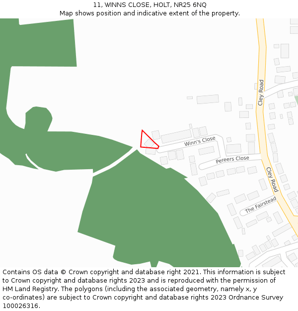 11, WINNS CLOSE, HOLT, NR25 6NQ: Location map and indicative extent of plot