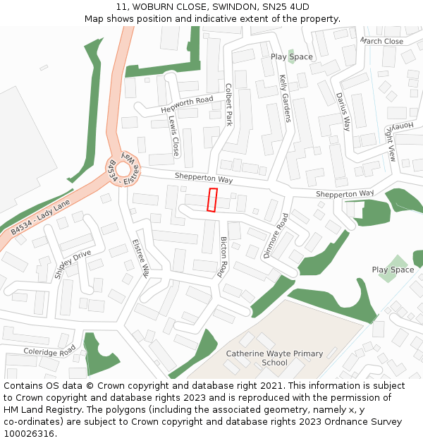 11, WOBURN CLOSE, SWINDON, SN25 4UD: Location map and indicative extent of plot