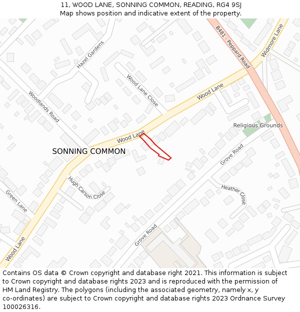 11, WOOD LANE, SONNING COMMON, READING, RG4 9SJ: Location map and indicative extent of plot