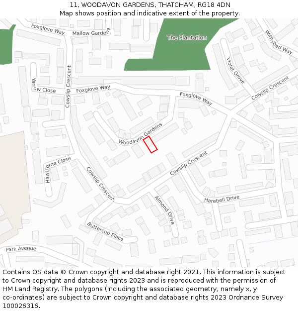 11, WOODAVON GARDENS, THATCHAM, RG18 4DN: Location map and indicative extent of plot