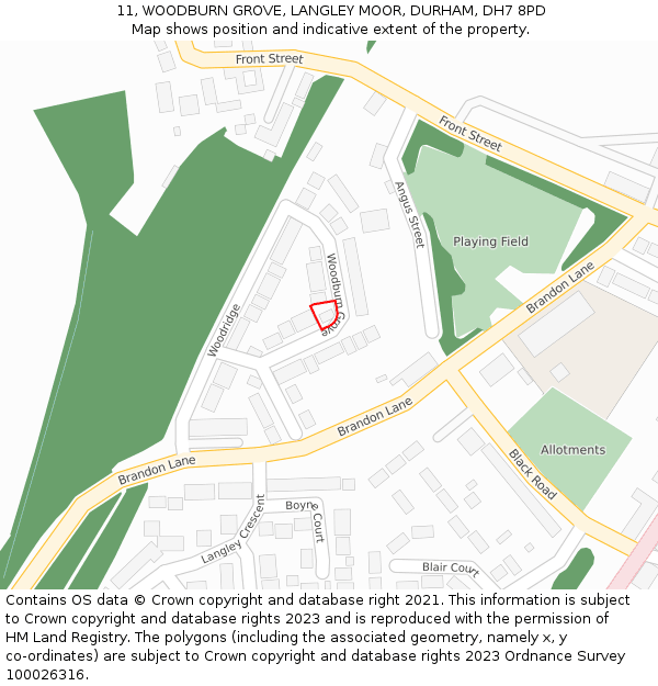 11, WOODBURN GROVE, LANGLEY MOOR, DURHAM, DH7 8PD: Location map and indicative extent of plot