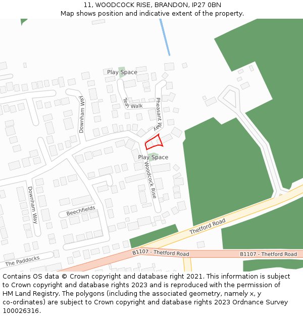 11, WOODCOCK RISE, BRANDON, IP27 0BN: Location map and indicative extent of plot