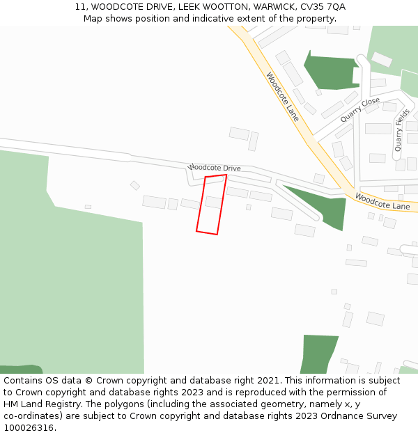 11, WOODCOTE DRIVE, LEEK WOOTTON, WARWICK, CV35 7QA: Location map and indicative extent of plot