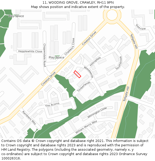 11, WOODING GROVE, CRAWLEY, RH11 9PN: Location map and indicative extent of plot