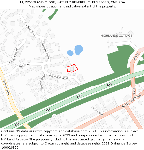 11, WOODLAND CLOSE, HATFIELD PEVEREL, CHELMSFORD, CM3 2DA: Location map and indicative extent of plot