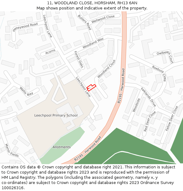 11, WOODLAND CLOSE, HORSHAM, RH13 6AN: Location map and indicative extent of plot