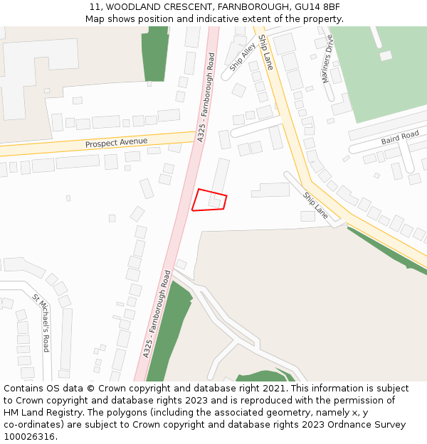 11, WOODLAND CRESCENT, FARNBOROUGH, GU14 8BF: Location map and indicative extent of plot