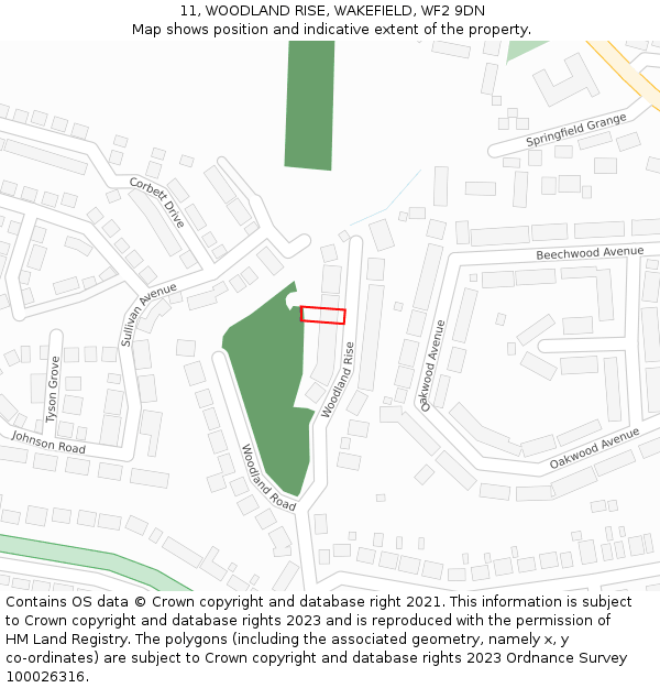 11, WOODLAND RISE, WAKEFIELD, WF2 9DN: Location map and indicative extent of plot