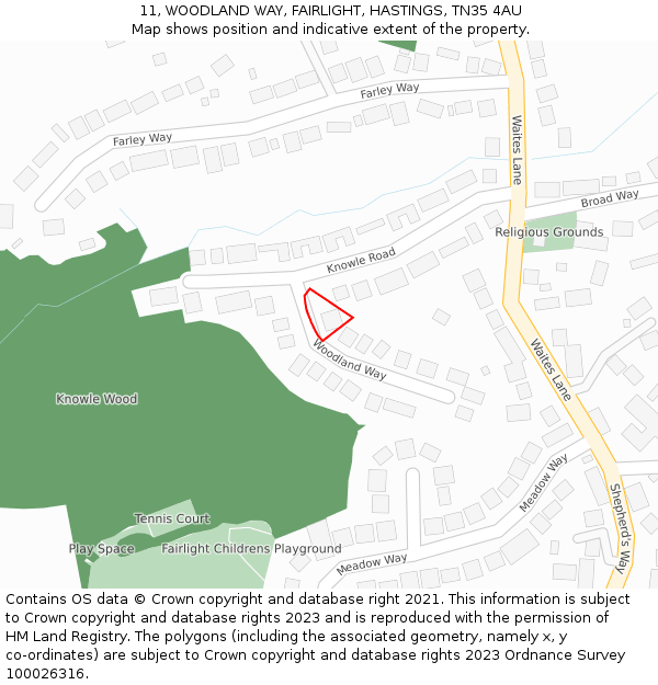 11, WOODLAND WAY, FAIRLIGHT, HASTINGS, TN35 4AU: Location map and indicative extent of plot