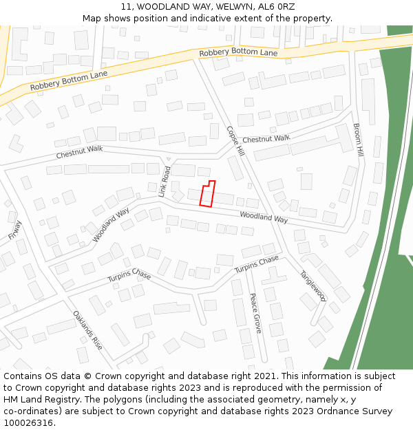 11, WOODLAND WAY, WELWYN, AL6 0RZ: Location map and indicative extent of plot