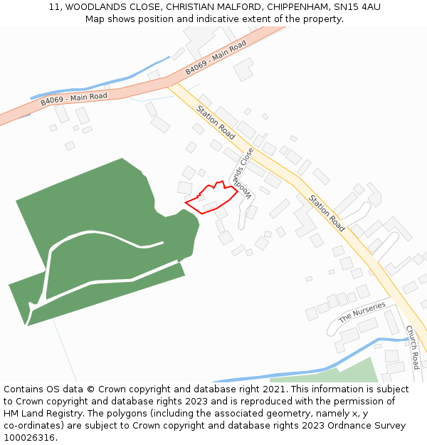 11, WOODLANDS CLOSE, CHRISTIAN MALFORD, CHIPPENHAM, SN15 4AU: Location map and indicative extent of plot