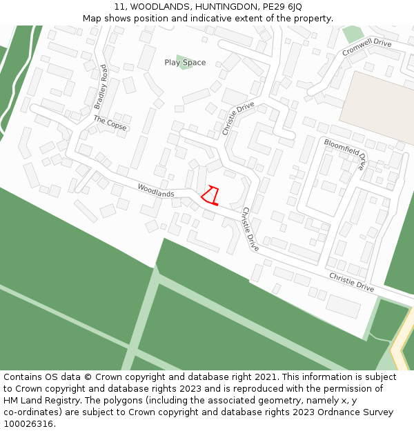 11, WOODLANDS, HUNTINGDON, PE29 6JQ: Location map and indicative extent of plot