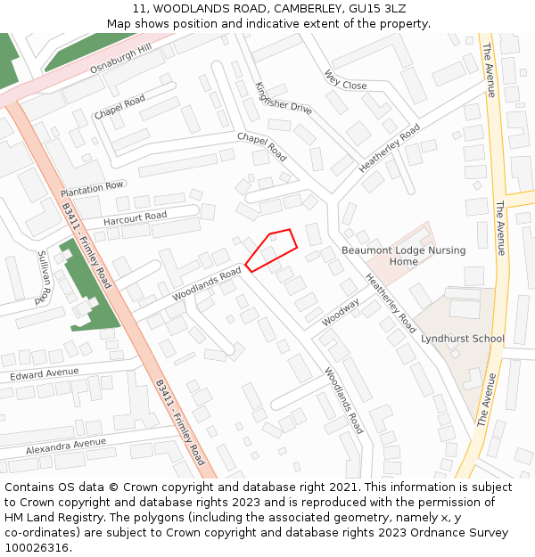 11, WOODLANDS ROAD, CAMBERLEY, GU15 3LZ: Location map and indicative extent of plot