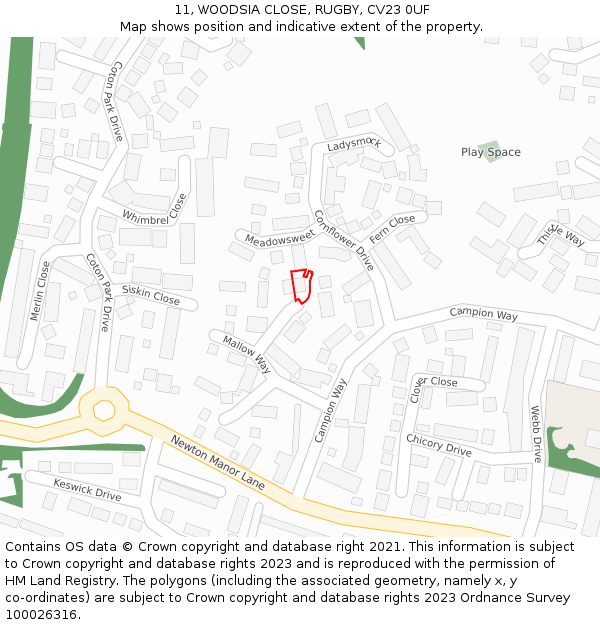 11, WOODSIA CLOSE, RUGBY, CV23 0UF: Location map and indicative extent of plot