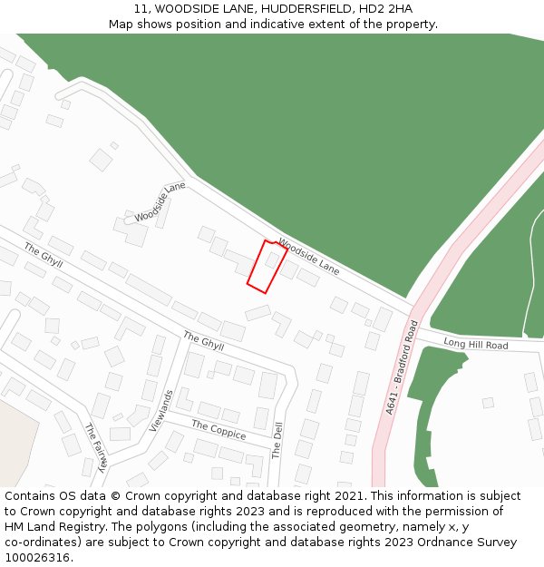 11, WOODSIDE LANE, HUDDERSFIELD, HD2 2HA: Location map and indicative extent of plot