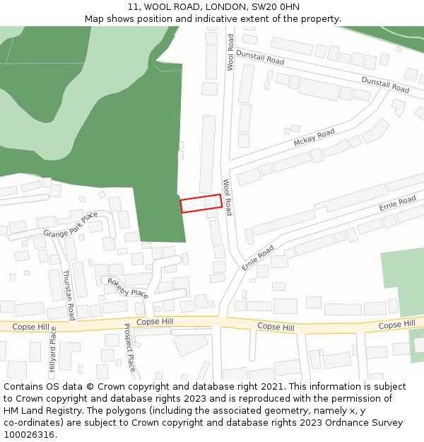 11, WOOL ROAD, LONDON, SW20 0HN: Location map and indicative extent of plot