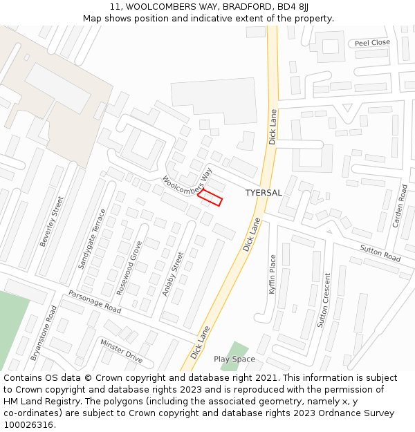 11, WOOLCOMBERS WAY, BRADFORD, BD4 8JJ: Location map and indicative extent of plot