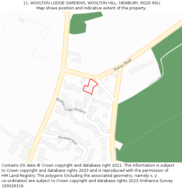 11, WOOLTON LODGE GARDENS, WOOLTON HILL, NEWBURY, RG20 9SU: Location map and indicative extent of plot