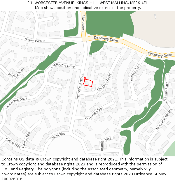 11, WORCESTER AVENUE, KINGS HILL, WEST MALLING, ME19 4FL: Location map and indicative extent of plot