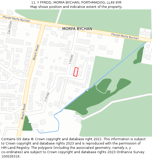 11, Y FFRIDD, MORFA BYCHAN, PORTHMADOG, LL49 9YR: Location map and indicative extent of plot