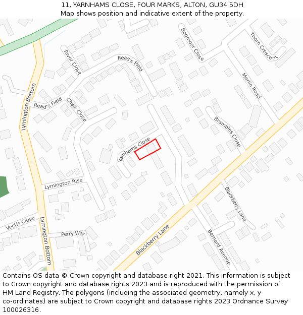 11, YARNHAMS CLOSE, FOUR MARKS, ALTON, GU34 5DH: Location map and indicative extent of plot