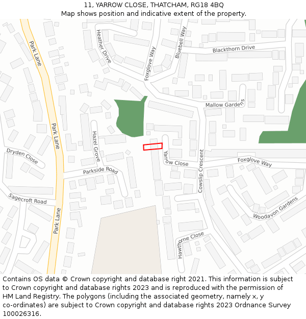 11, YARROW CLOSE, THATCHAM, RG18 4BQ: Location map and indicative extent of plot