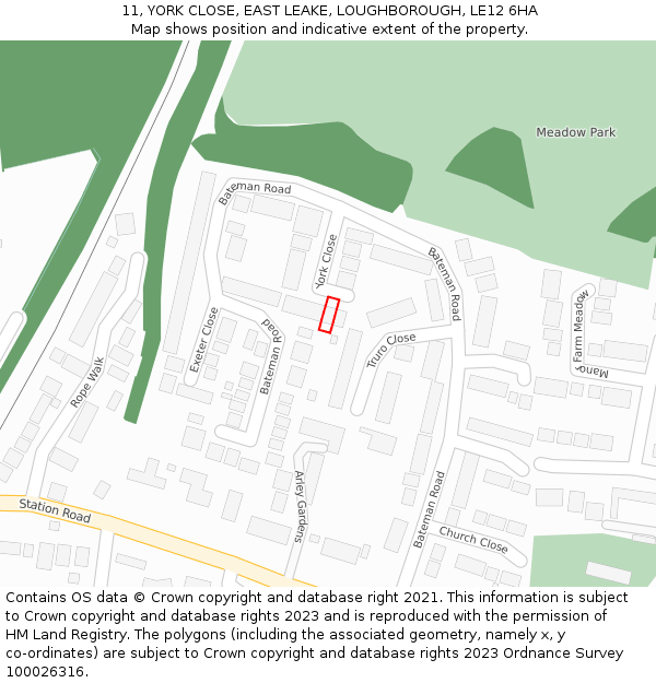 11, YORK CLOSE, EAST LEAKE, LOUGHBOROUGH, LE12 6HA: Location map and indicative extent of plot