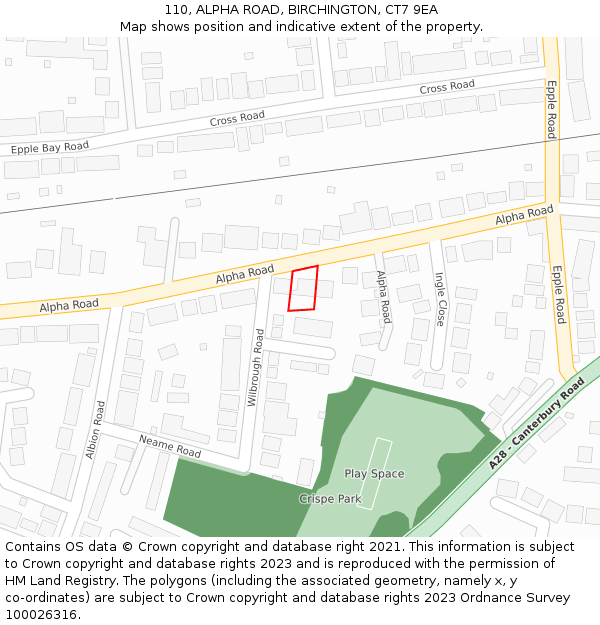 110, ALPHA ROAD, BIRCHINGTON, CT7 9EA: Location map and indicative extent of plot