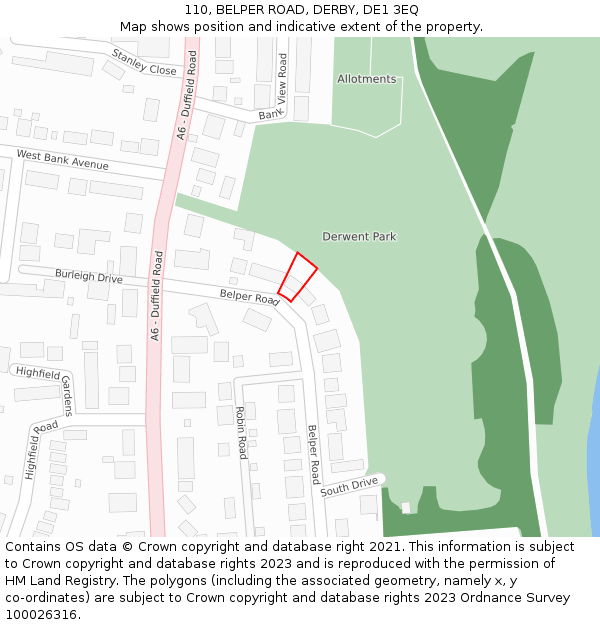 110, BELPER ROAD, DERBY, DE1 3EQ: Location map and indicative extent of plot