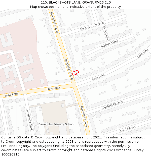 110, BLACKSHOTS LANE, GRAYS, RM16 2LD: Location map and indicative extent of plot