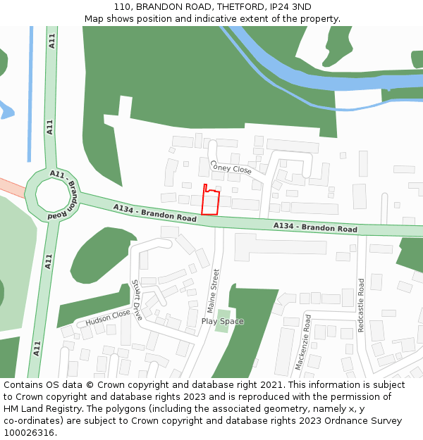 110, BRANDON ROAD, THETFORD, IP24 3ND: Location map and indicative extent of plot