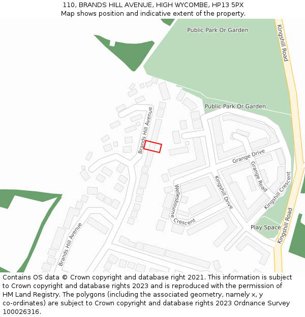 110, BRANDS HILL AVENUE, HIGH WYCOMBE, HP13 5PX: Location map and indicative extent of plot