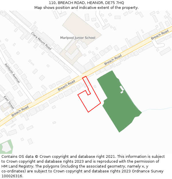 110, BREACH ROAD, HEANOR, DE75 7HQ: Location map and indicative extent of plot