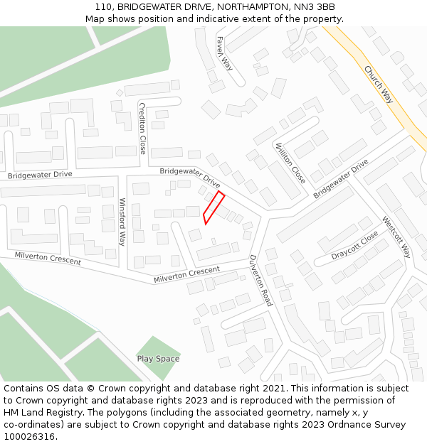 110, BRIDGEWATER DRIVE, NORTHAMPTON, NN3 3BB: Location map and indicative extent of plot