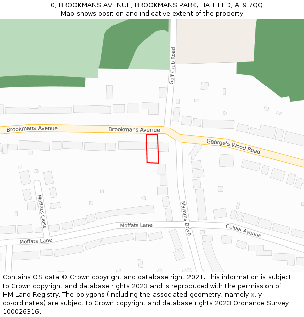 110, BROOKMANS AVENUE, BROOKMANS PARK, HATFIELD, AL9 7QQ: Location map and indicative extent of plot