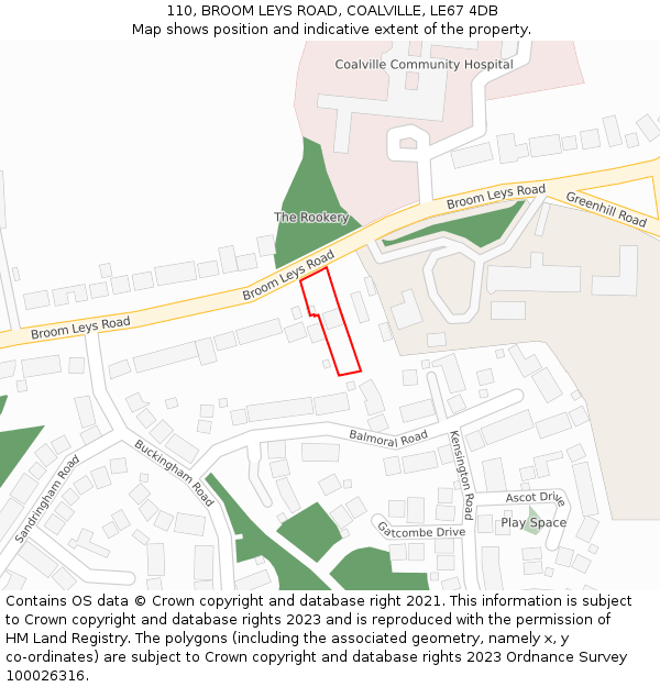 110, BROOM LEYS ROAD, COALVILLE, LE67 4DB: Location map and indicative extent of plot