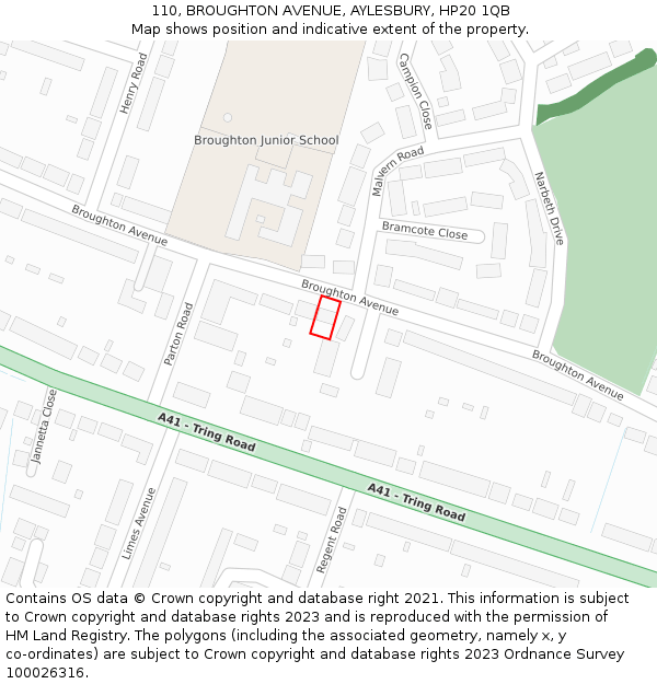 110, BROUGHTON AVENUE, AYLESBURY, HP20 1QB: Location map and indicative extent of plot