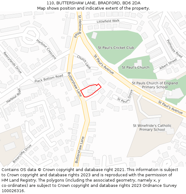 110, BUTTERSHAW LANE, BRADFORD, BD6 2DA: Location map and indicative extent of plot