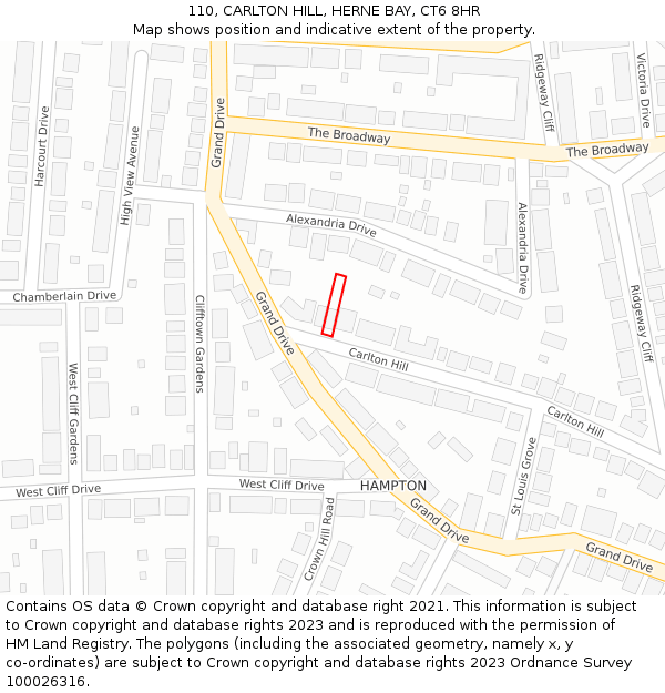 110, CARLTON HILL, HERNE BAY, CT6 8HR: Location map and indicative extent of plot