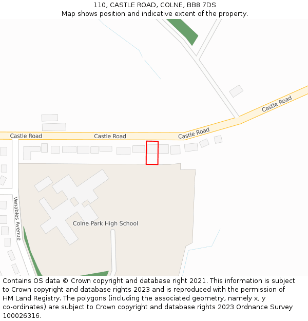 110, CASTLE ROAD, COLNE, BB8 7DS: Location map and indicative extent of plot