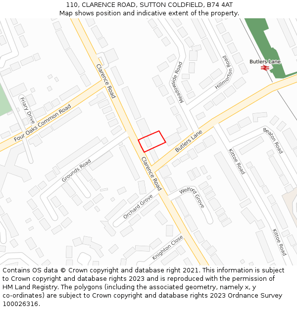 110, CLARENCE ROAD, SUTTON COLDFIELD, B74 4AT: Location map and indicative extent of plot