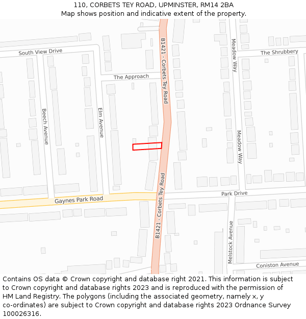 110, CORBETS TEY ROAD, UPMINSTER, RM14 2BA: Location map and indicative extent of plot