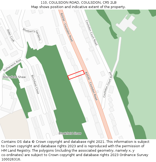 110, COULSDON ROAD, COULSDON, CR5 2LB: Location map and indicative extent of plot