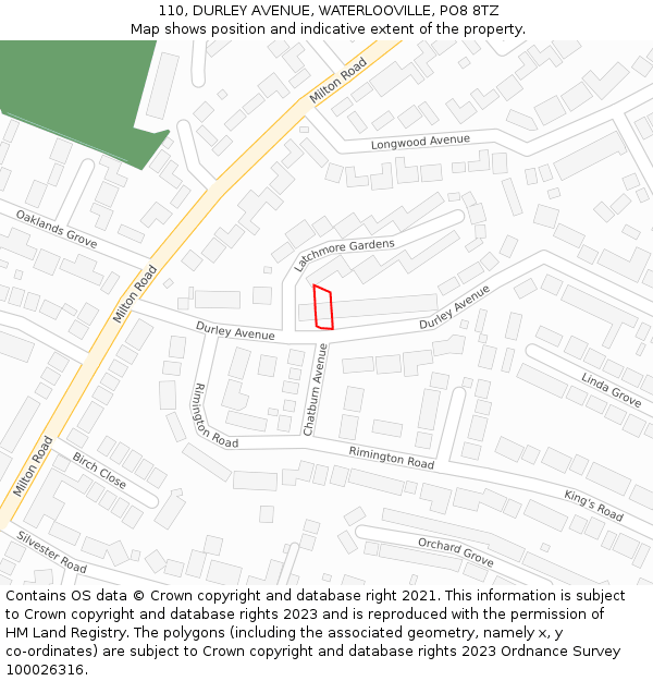 110, DURLEY AVENUE, WATERLOOVILLE, PO8 8TZ: Location map and indicative extent of plot